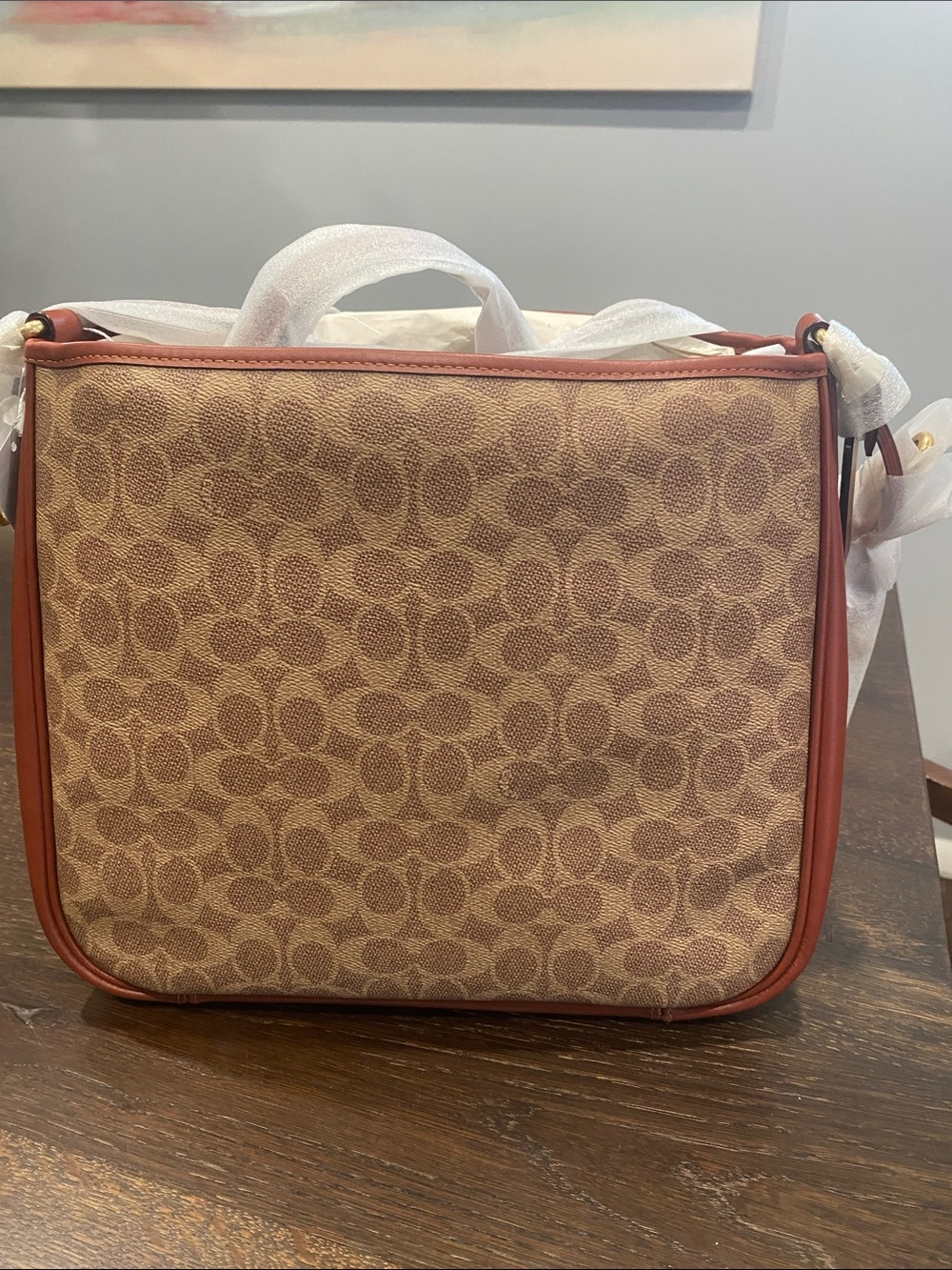 Coach Tan Monogram Crossbody with Brick Trim